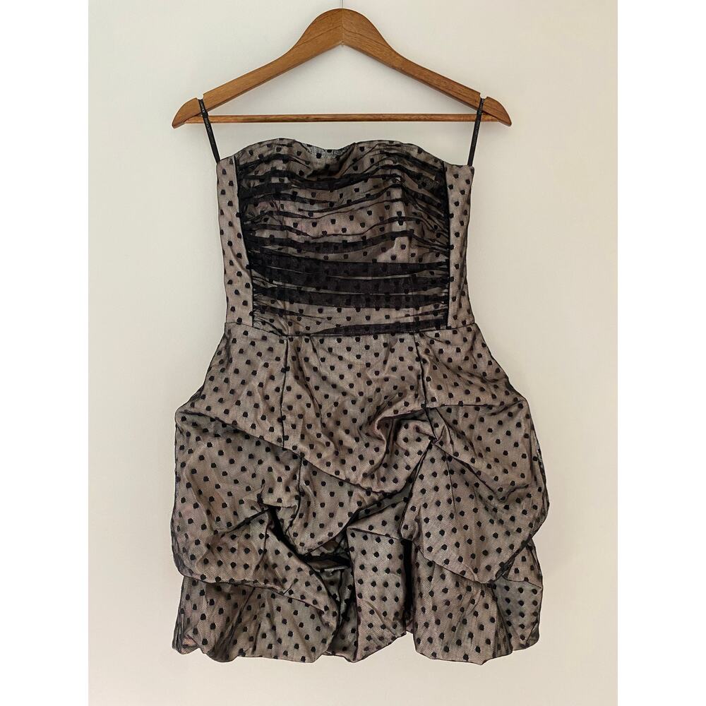 Jessica McClintock for Gunne Sax VTG 7 USA Black Mesh Nude Strapless Polka Dot